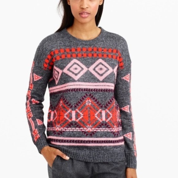 J. Crew abstract fair isle wool mohair grey crew neck knit sweater small S B6163 - Picture 1 of 7
